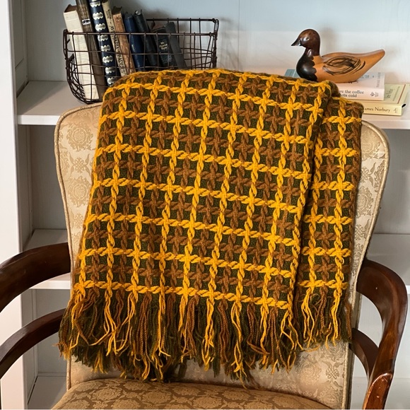 Pendleton Other - Vintage PENDLETON Wool Throw Blanket Golden Orange Brown Army Green Woven Knit